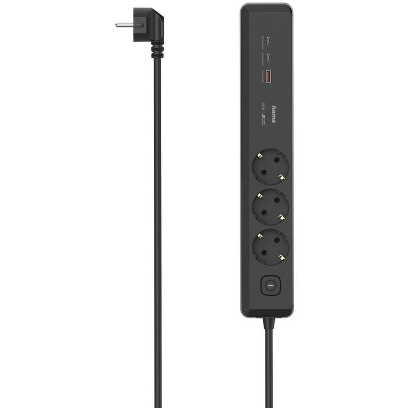 Hama Power Strip 3-FOLD USB-C/A 100W PD Switch 1.4 M Black/Grey